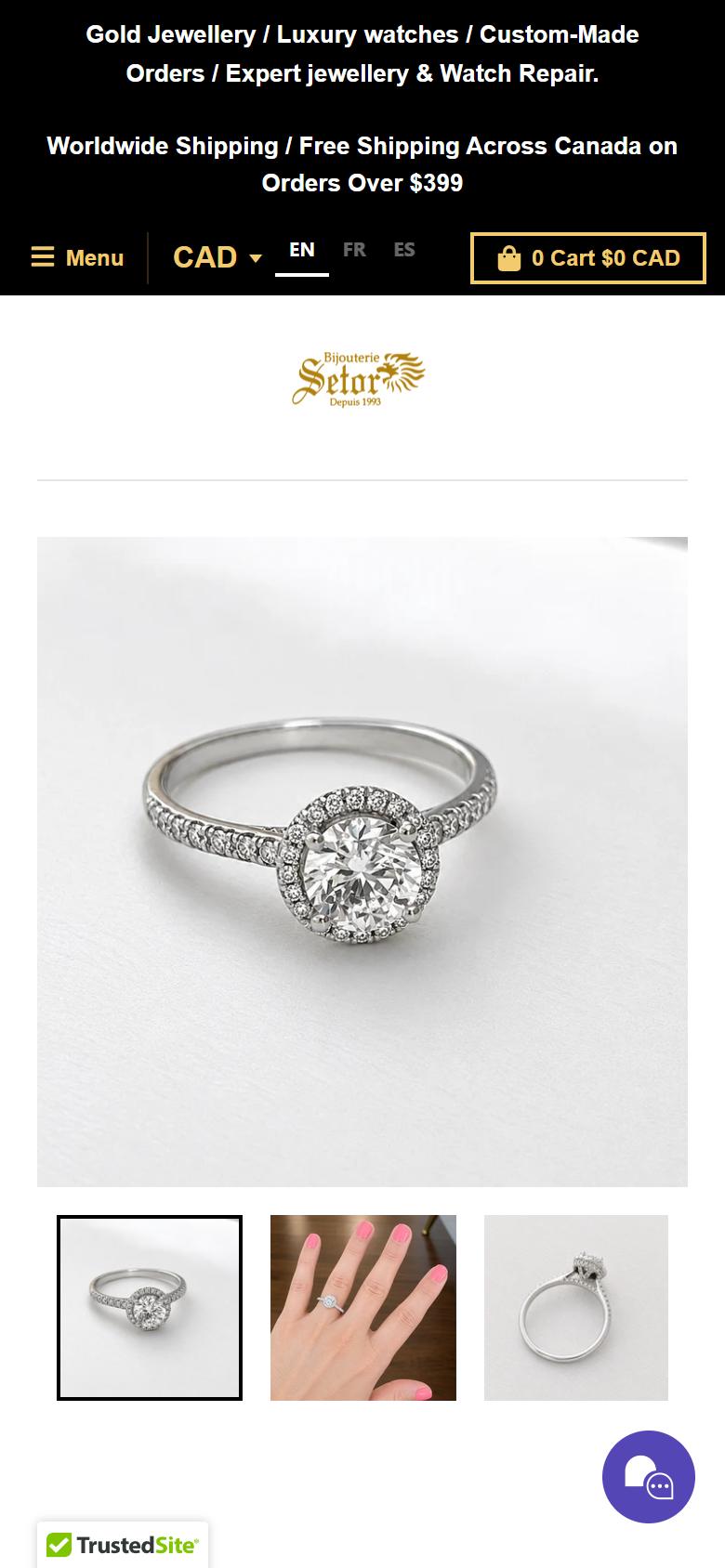 Your ring page on a phone today: header, logo and photo, no price or button