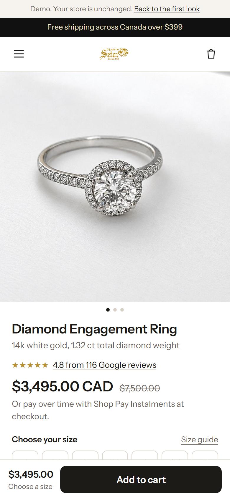 The same page rebuilt: photo, title, Google rating, price and an Add to cart button