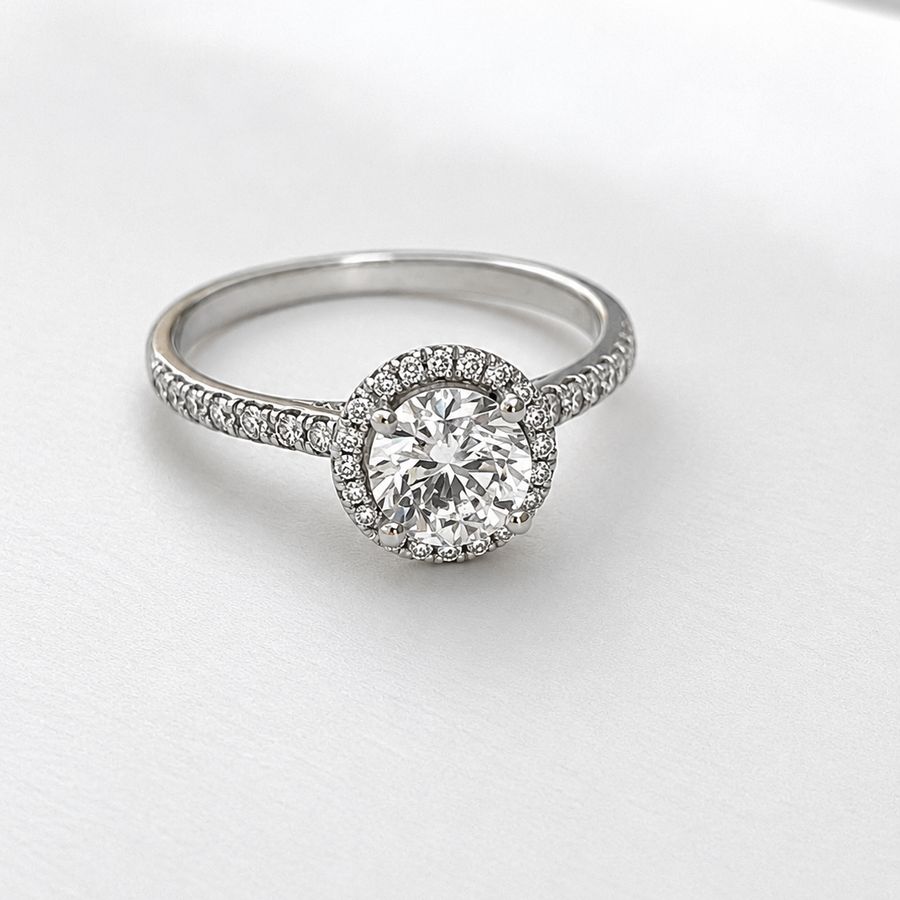 Diamond engagement ring, 14k white gold halo setting
